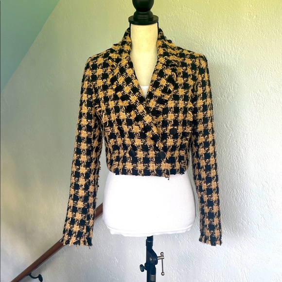 House Of Harlow 1960 Brown Tweed Checkered Cropped Jacket Double Breasted Small - Picture 1 of 8